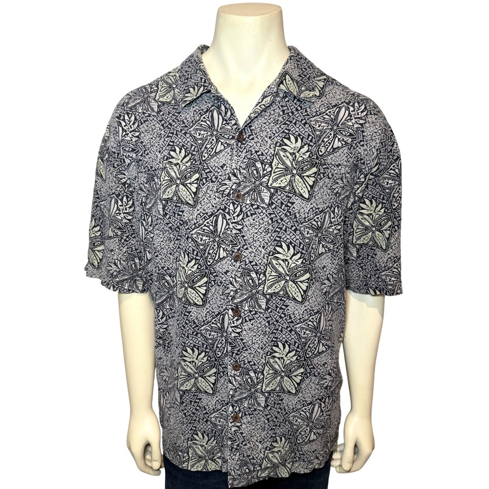 Tommy‎ Bahama Mens XXL 100% Silk Short Sleeve Button Down Camp Shirt Grey Print